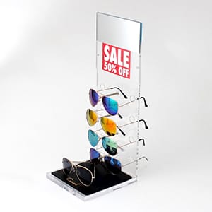 Soporte de exhibición de gafas transparente con letrero impreso