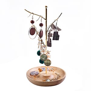 Metal Wire Rack With Wood Bowl Base For Earring Organizing